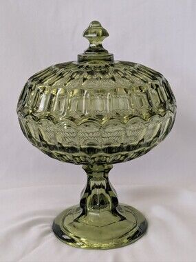VTG Fenton Colonial Green Glass Thumbprint Covered Pedestal Candy / Compote Dish
